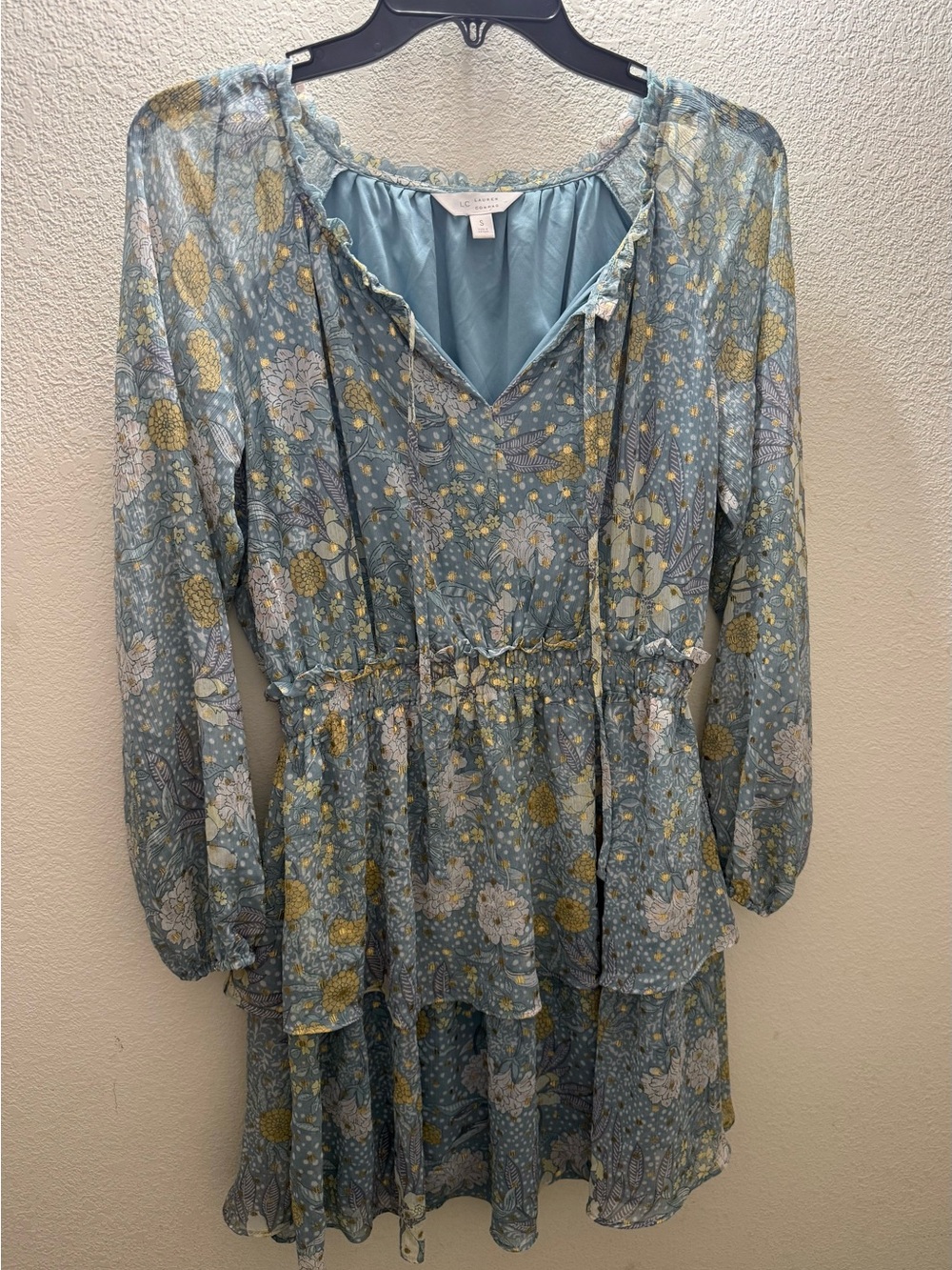 LC Lauren Conrad Blue Floral Tiered Long Sleeve Dress with Yellow Accents